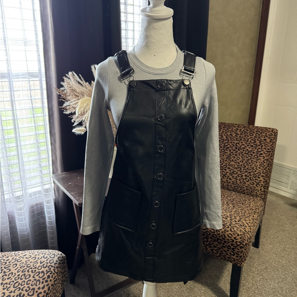 GIRL'S 1ST KISS FAUX-LEATHER OVERALL DRESS, SIZE L (14)